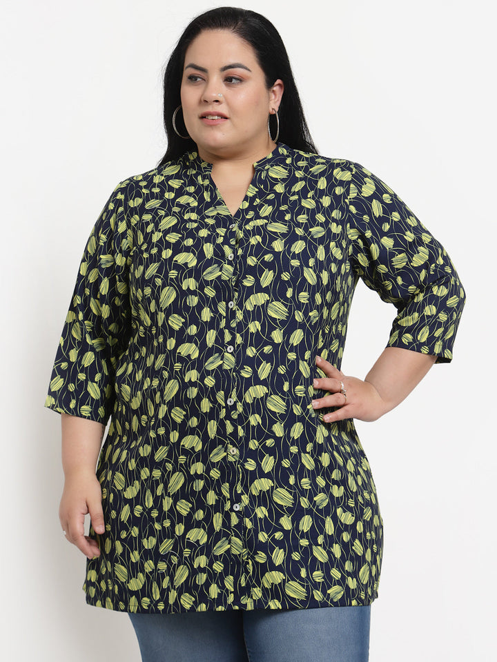 Plus Size   Navy Blue  Black Mandarin Collar Printed Tunic