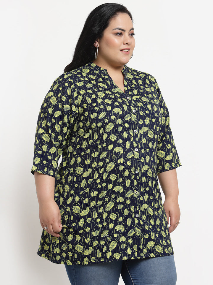 Plus Size   Navy Blue  Black Mandarin Collar Printed Tunic