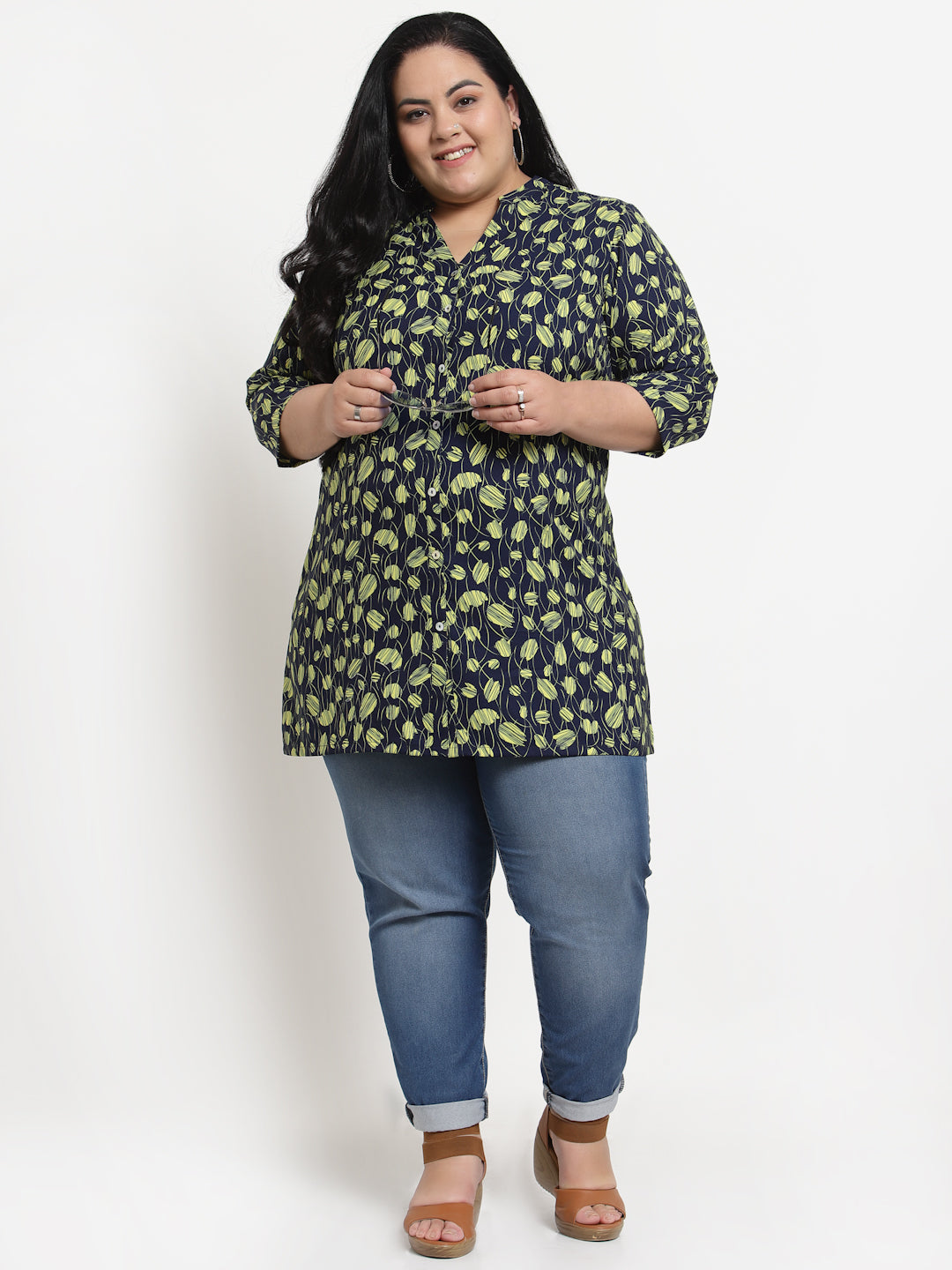 Plus Size   Navy Blue  Black Mandarin Collar Printed Tunic
