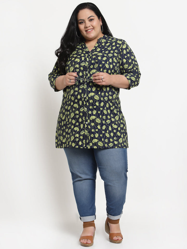 Plus Size   Navy Blue  Black Mandarin Collar Printed Tunic