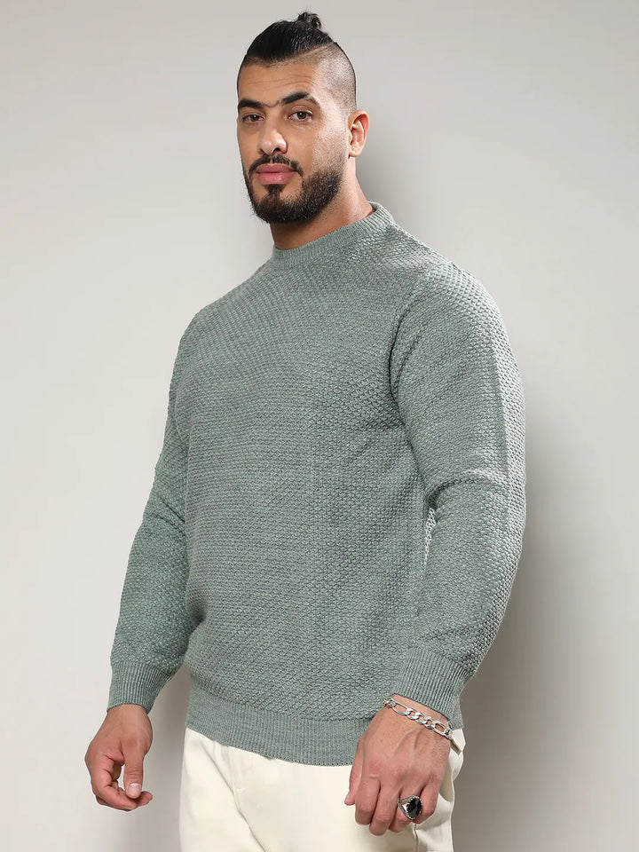 Olive Green Textured Knit Pullover Sweater