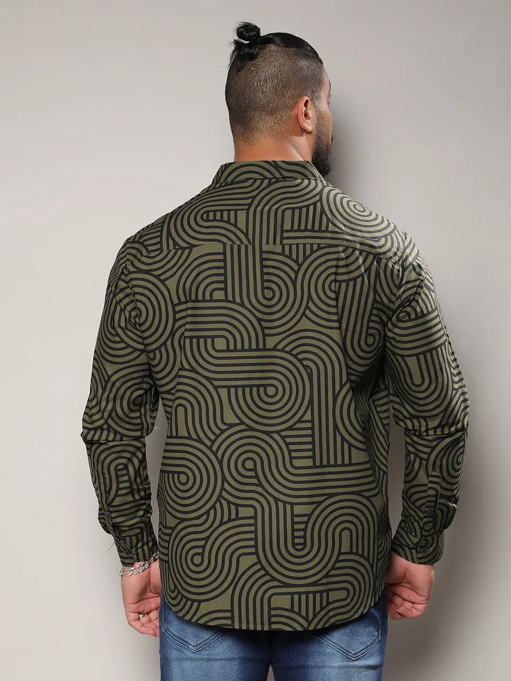Army Green & Black Contrast Lines Shirt
