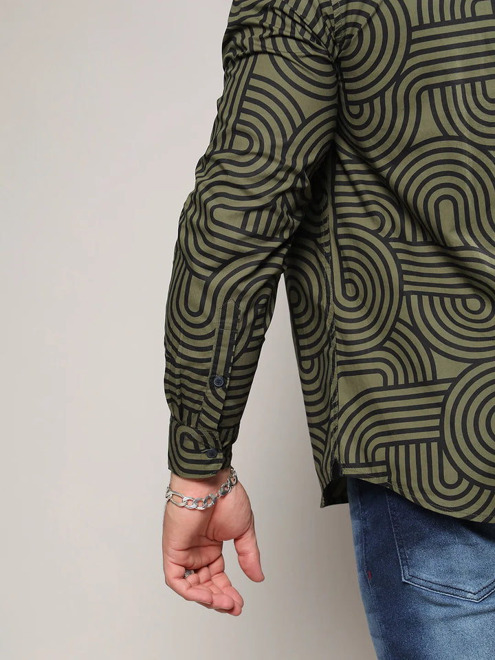 Army Green & Black Contrast Lines Shirt