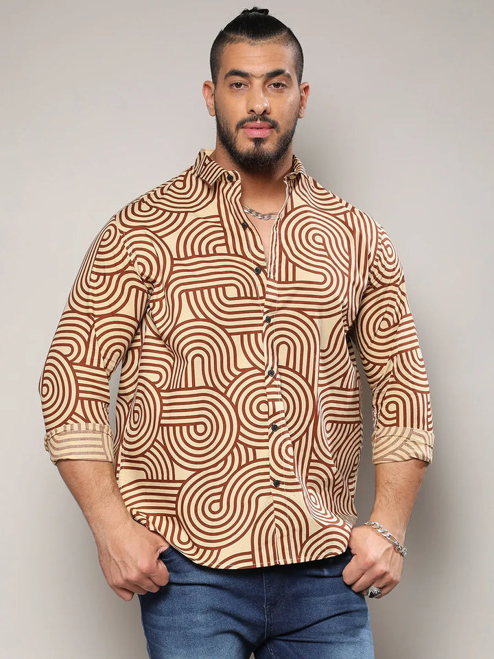 Beige & Brown Contrast Lines Shirt
