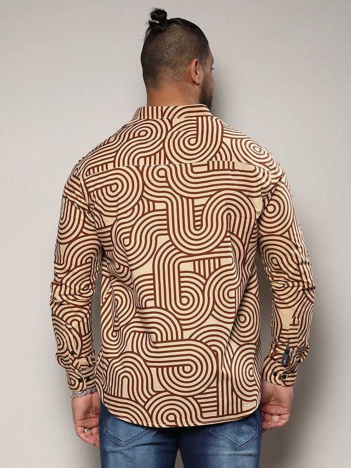 Beige & Brown Contrast Lines Shirt