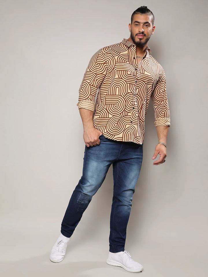 Beige & Brown Contrast Lines Shirt