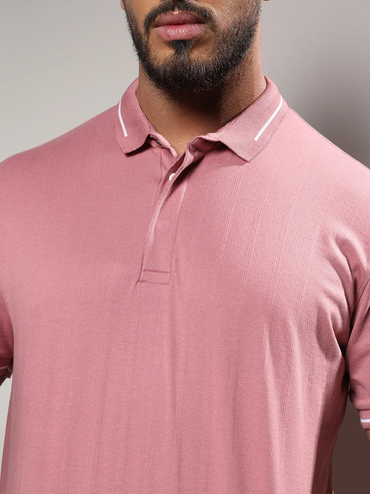 Coral Pink Self-Design Halo Striped T-Shirt