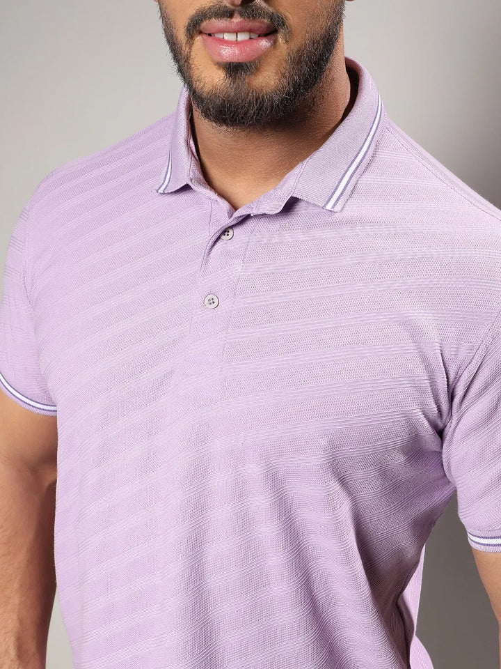 Lavender Self-Design Regimental Striped T-Shirt