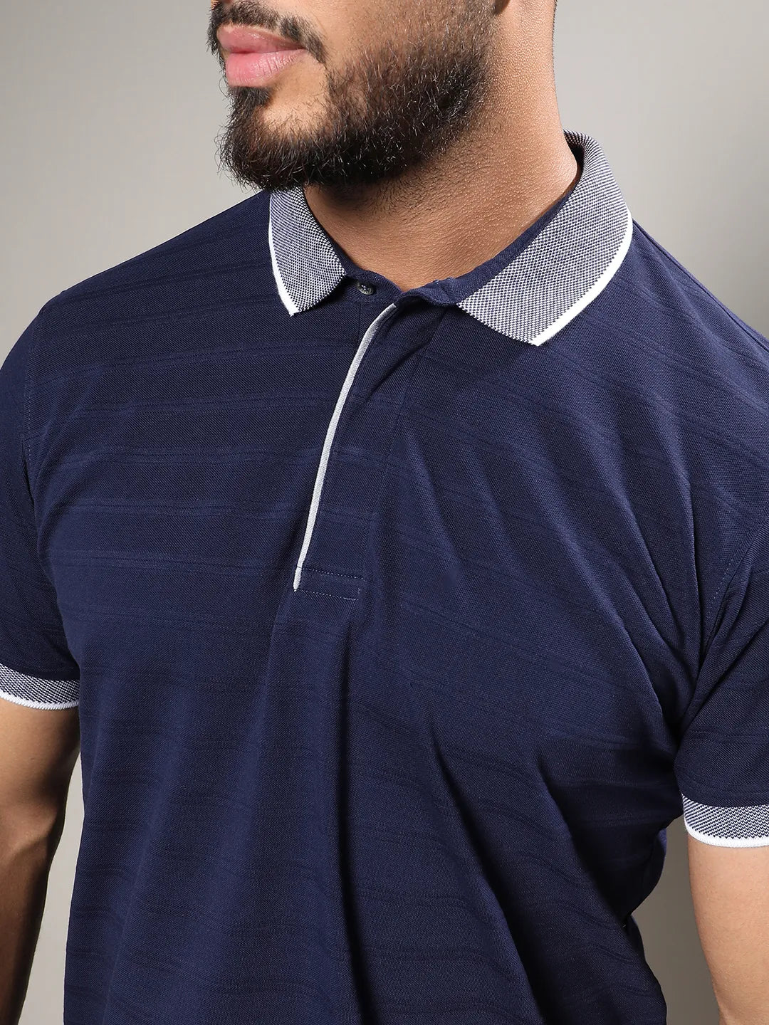 Midnight Blue Self-Design Horizontal Striped T-Shirt