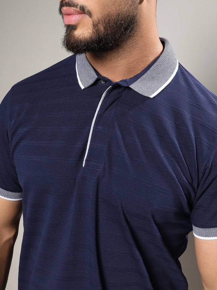 Midnight Blue Self-Design Horizontal Striped T-Shirt
