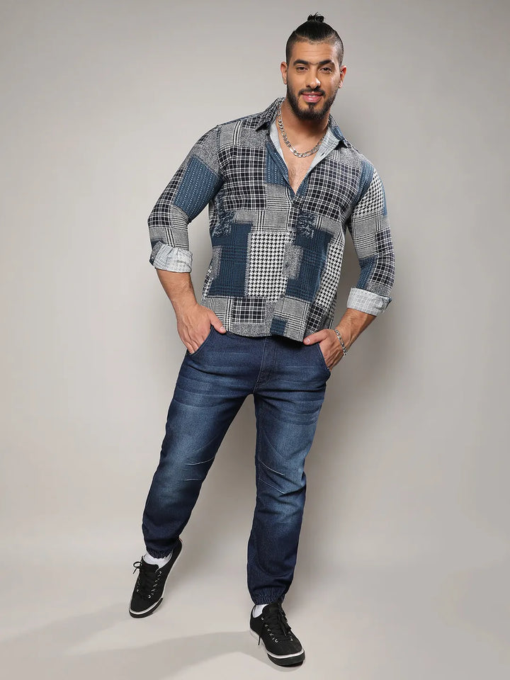 Navy Blue Herringbone Block Shirt