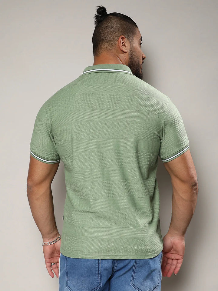 Olive Green Self-Design Horizontal Striped T-Shirt