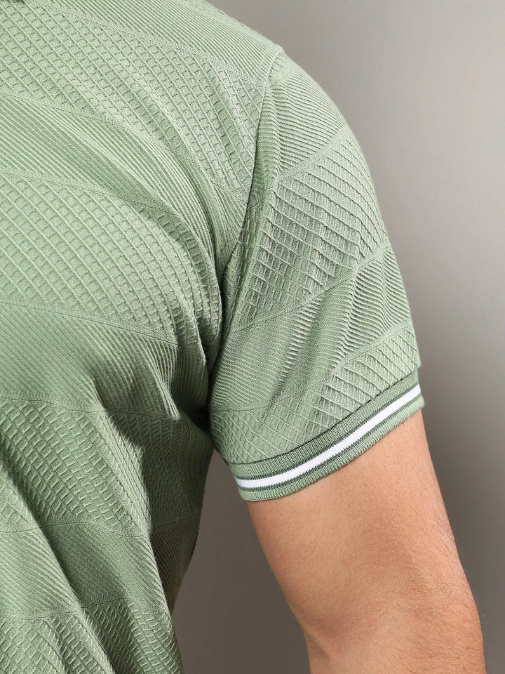 Olive Green Self-Design Horizontal Striped T-Shirt