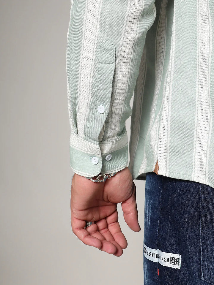 Sage Green & White Contrast Club Striped Shirt