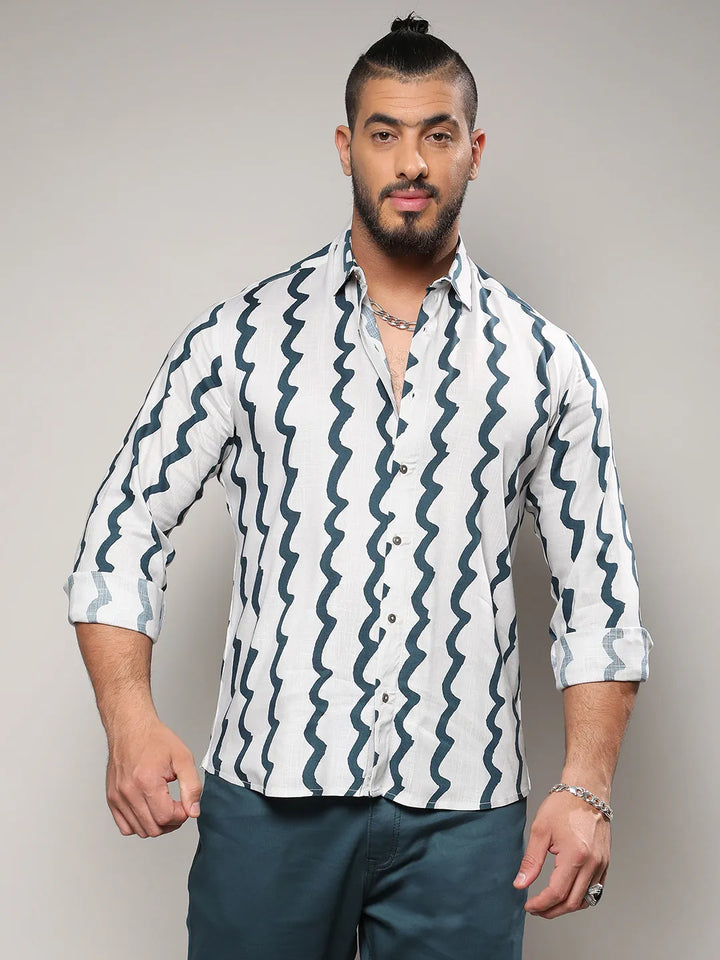 White & Navy Blue Contrast Paint Lines Shirt