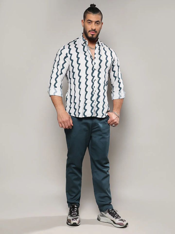 White & Navy Blue Contrast Paint Lines Shirt