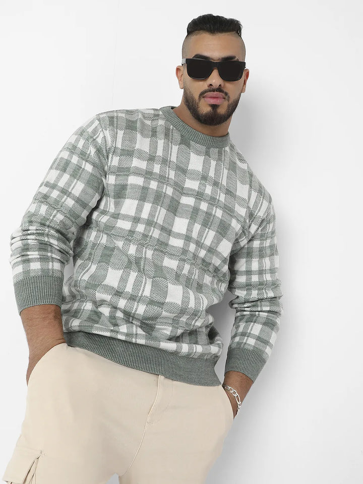 Olive Green Tartan Plaid Knitted Pullover Sweater