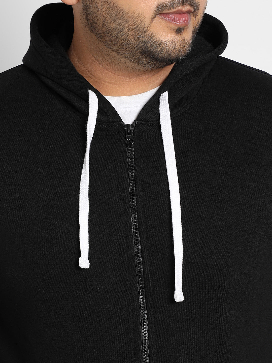 Black Zip-Front Hoodie With Contrast Drawstring