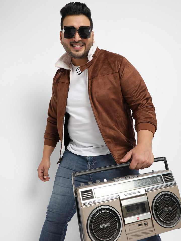 Brown Zip-Front Jacket With Fleece Detail