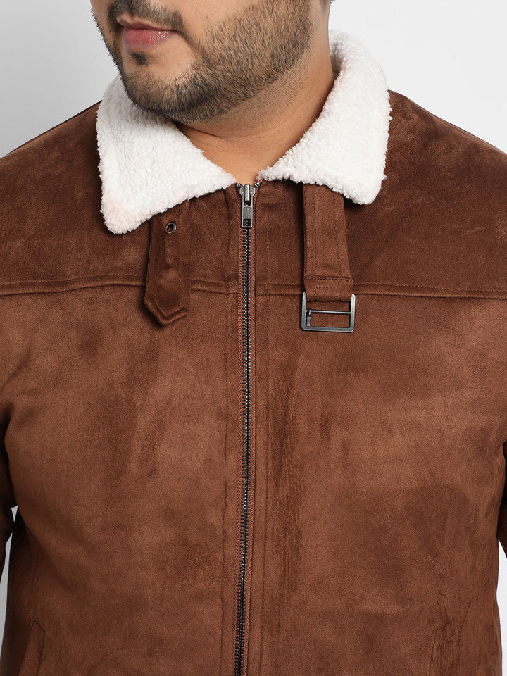 Brown Zip-Front Jacket With Fleece Detail