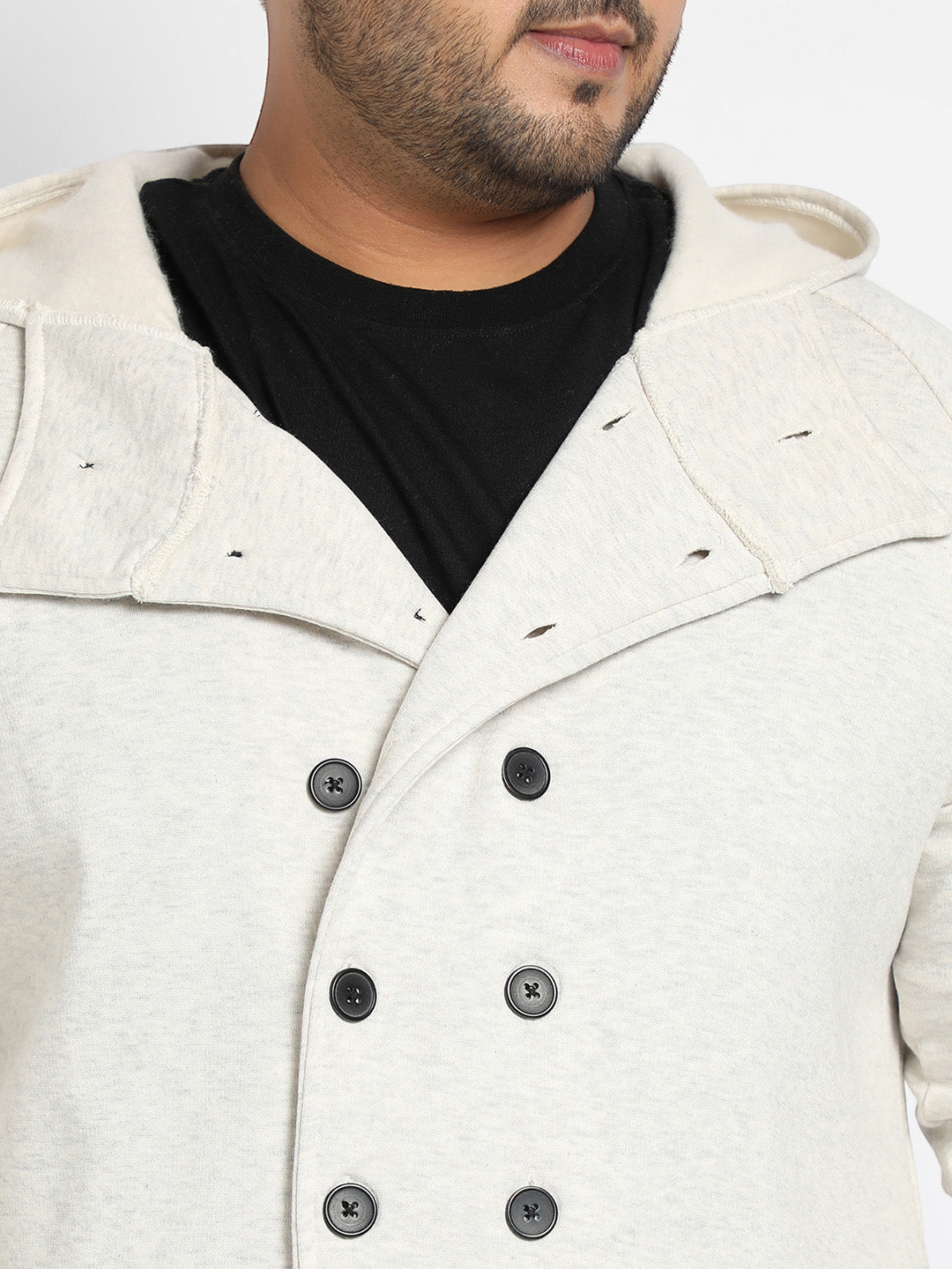 Plus Size Men's Light Grey Double-Breasted Jacket With Hoodie