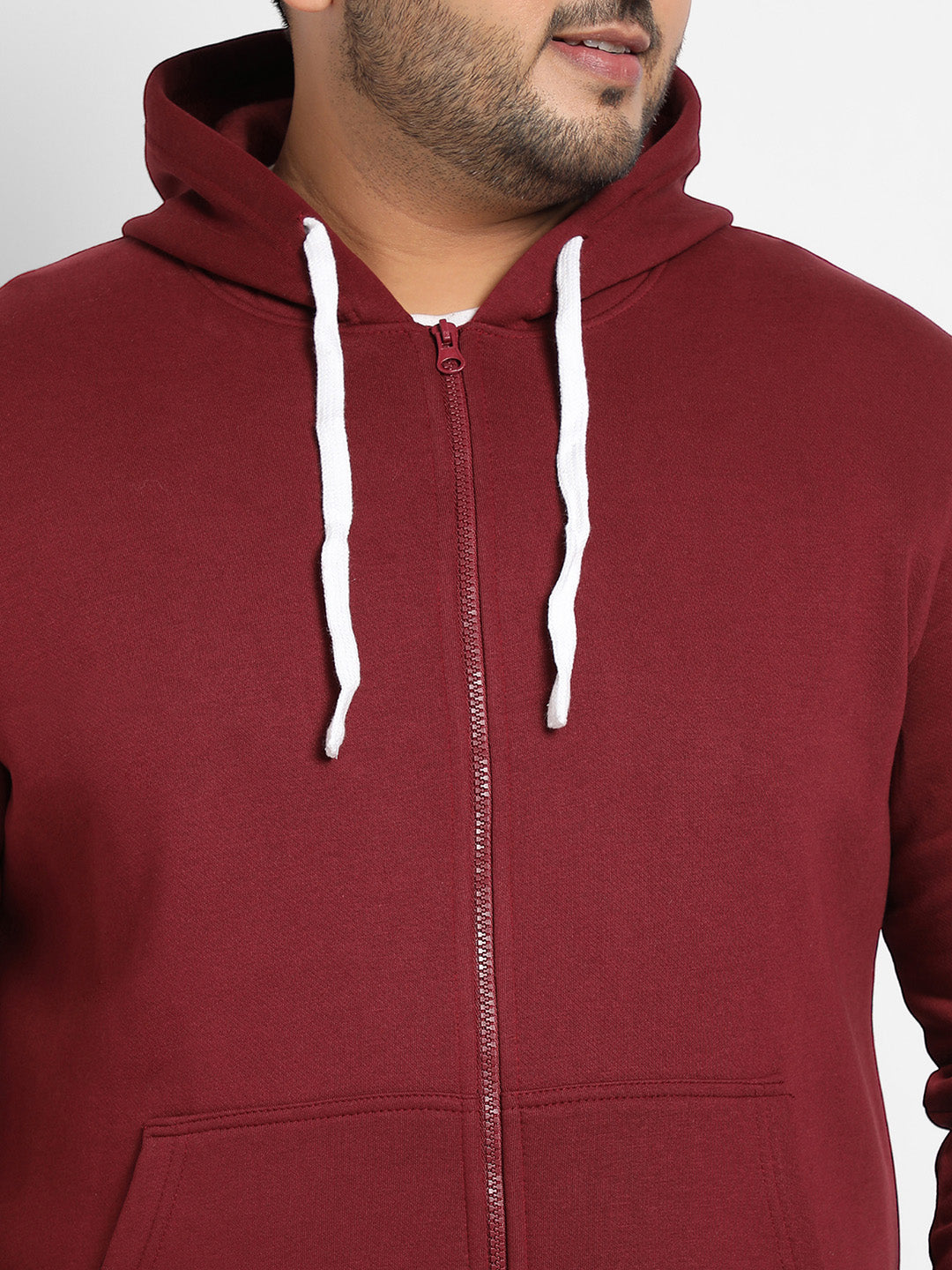 Maroon Red Zip-Front Hoodie With Contrast Drawstring