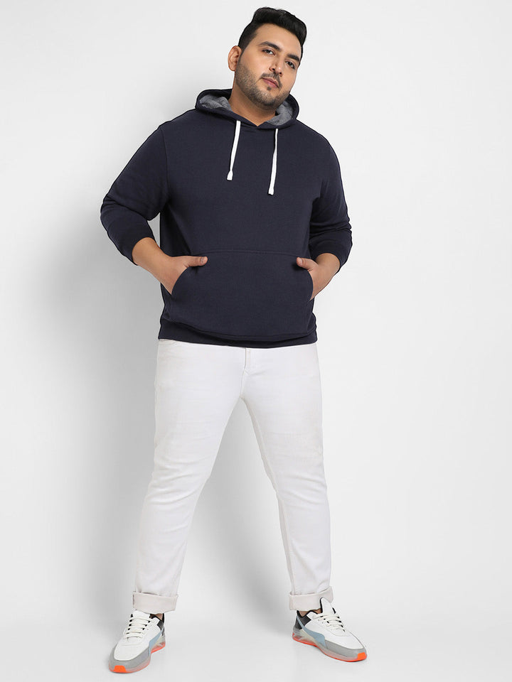 Navy Blue Pullover Hoodie With Contrast Drawstring