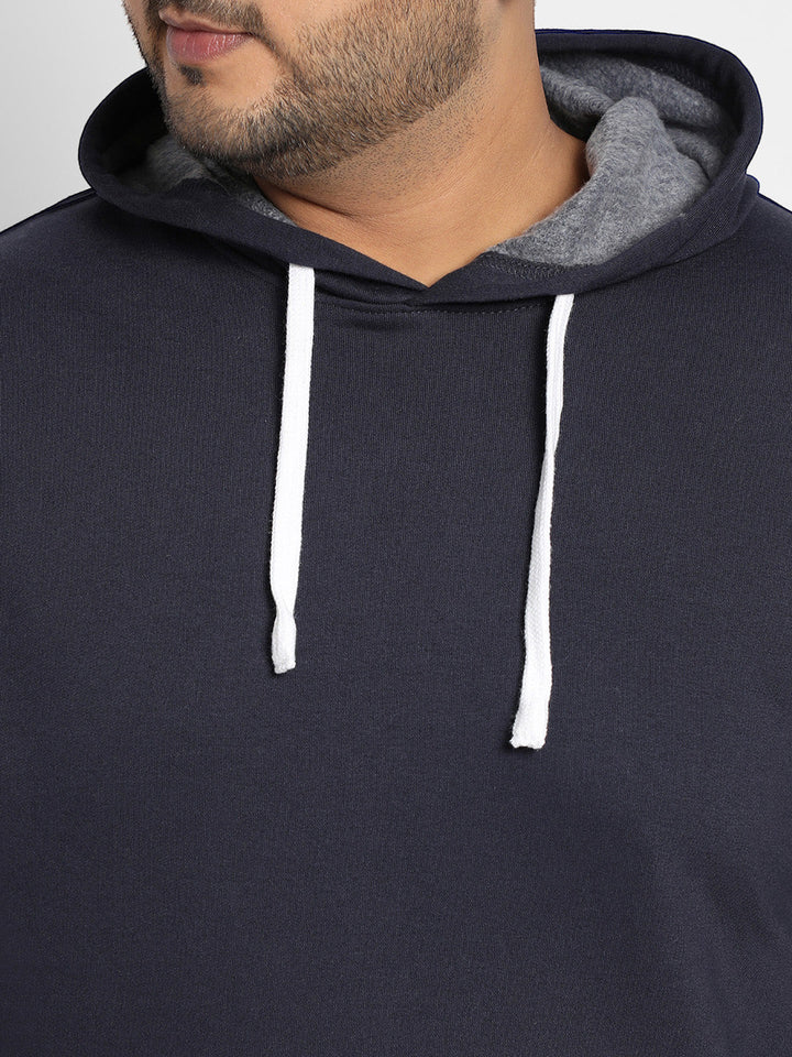 Navy Blue Pullover Hoodie With Contrast Drawstring
