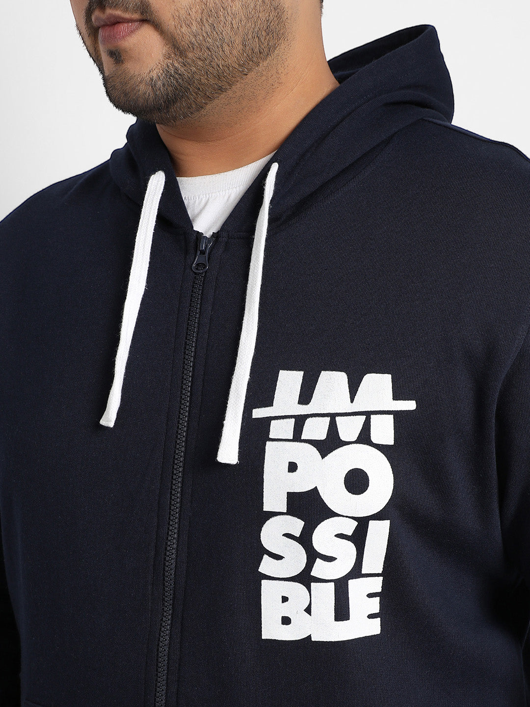 Navy Blue Zip-Front Impossible Hoodie With Contrast Drawstring