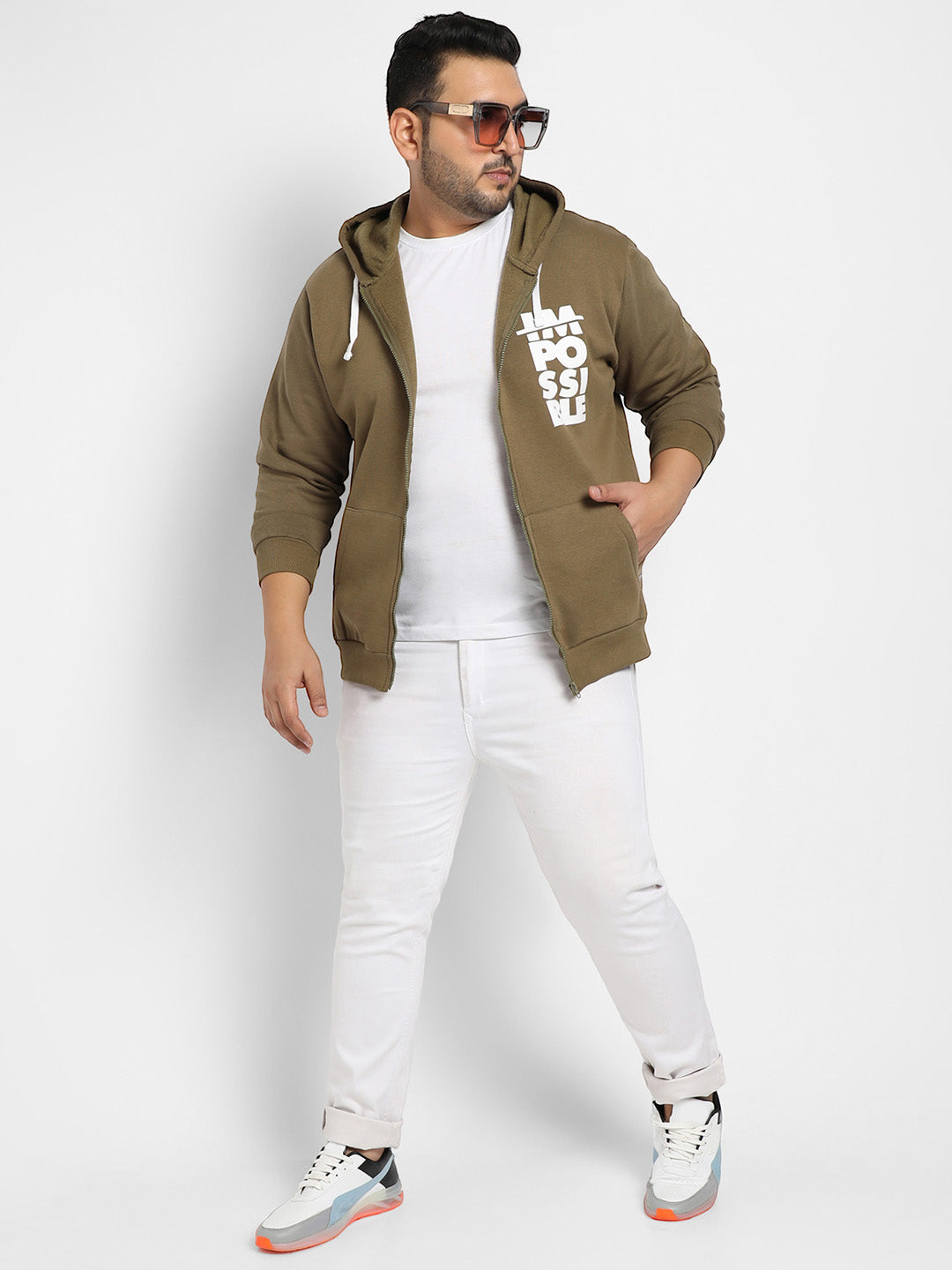 Olive Green Zip-Front Impossible Hoodie With Contrast Drawstring