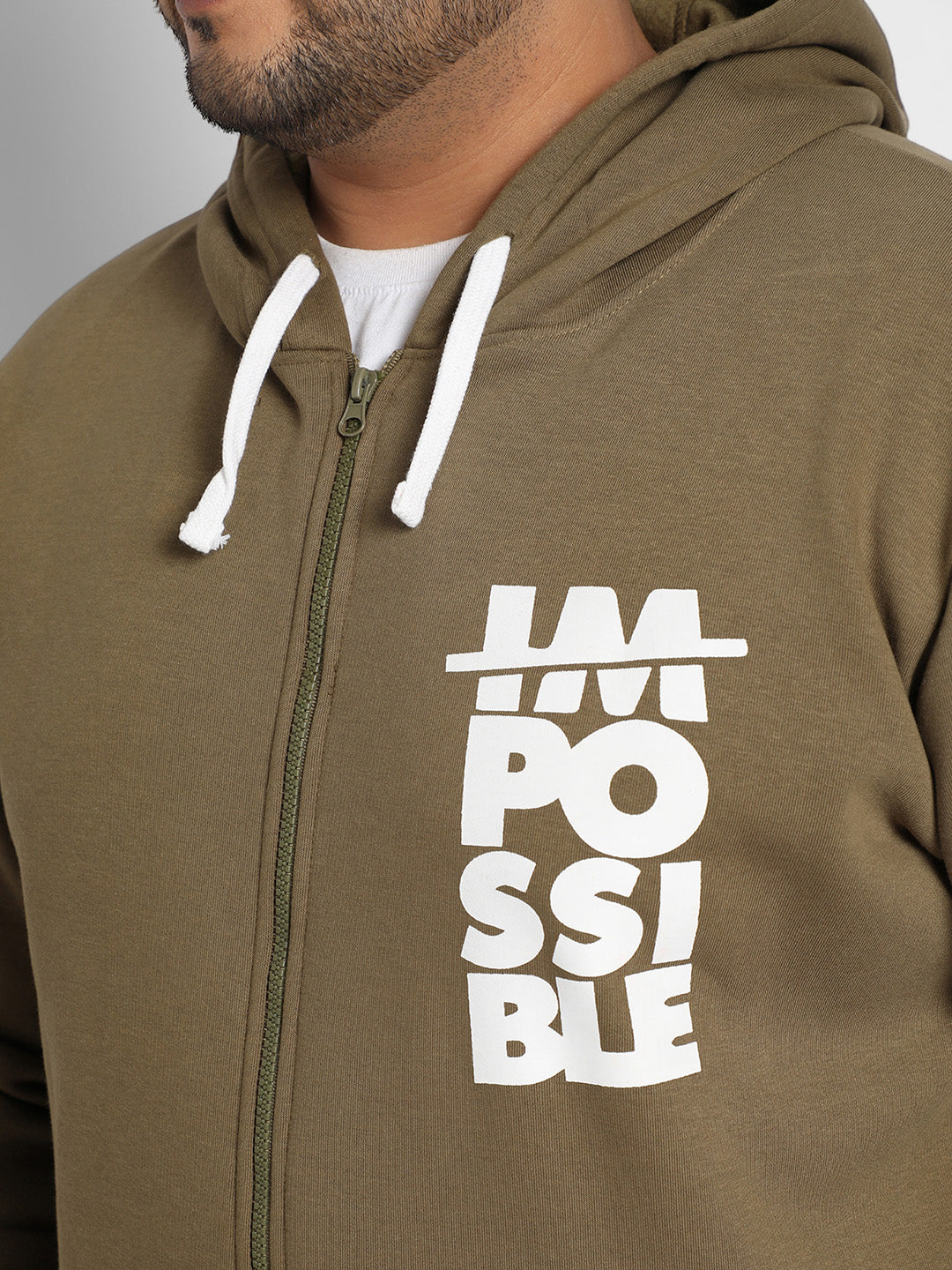 Olive Green Zip-Front Impossible Hoodie With Contrast Drawstring