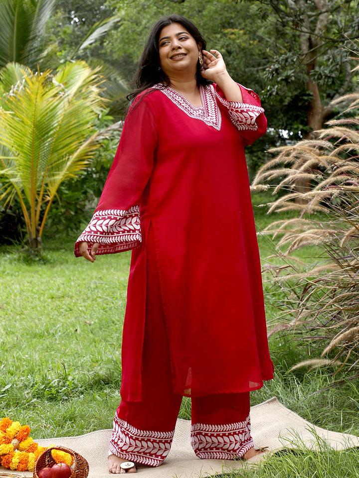 Indie Leaf-Lined Imprint Kurta Set