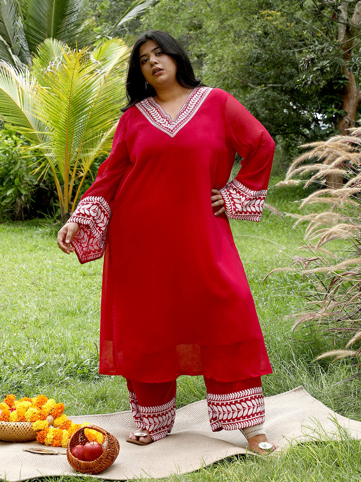 Indie Leaf-Lined Imprint Kurta Set