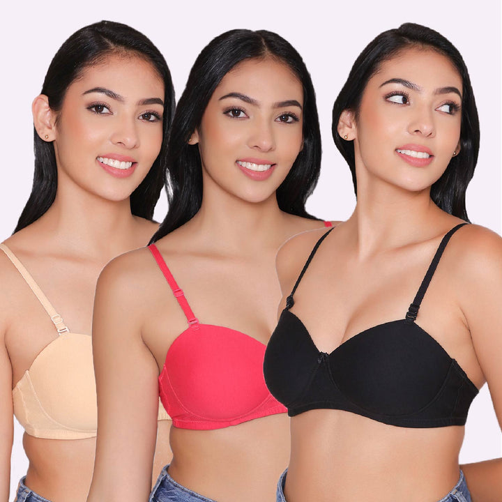 Women Lightly Padded Non Wired Tshirt Bra (Pack of 3)