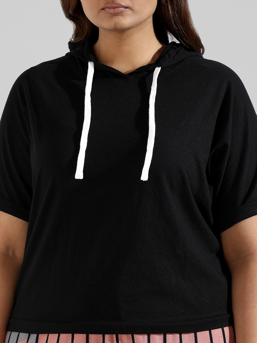 Solid Stylish Half Sleeve Hooded Neck Top