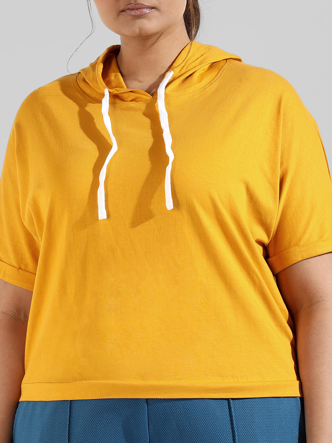 Solid Stylish Half Sleeve Hooded Neck Top