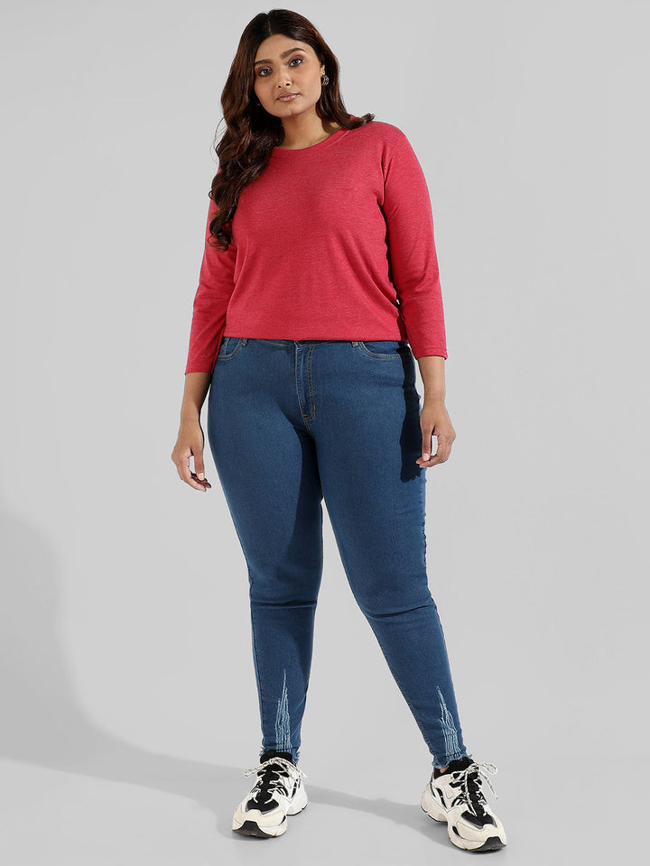 Solid Stylish Quarter Sleeve Round Neck Top