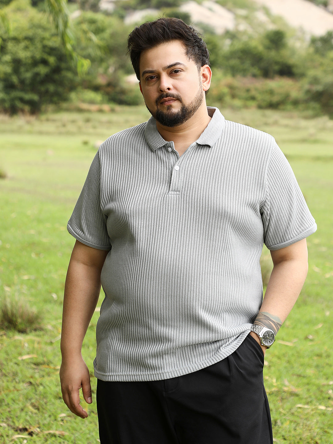 Solid Ribbed Polo T-Shirt