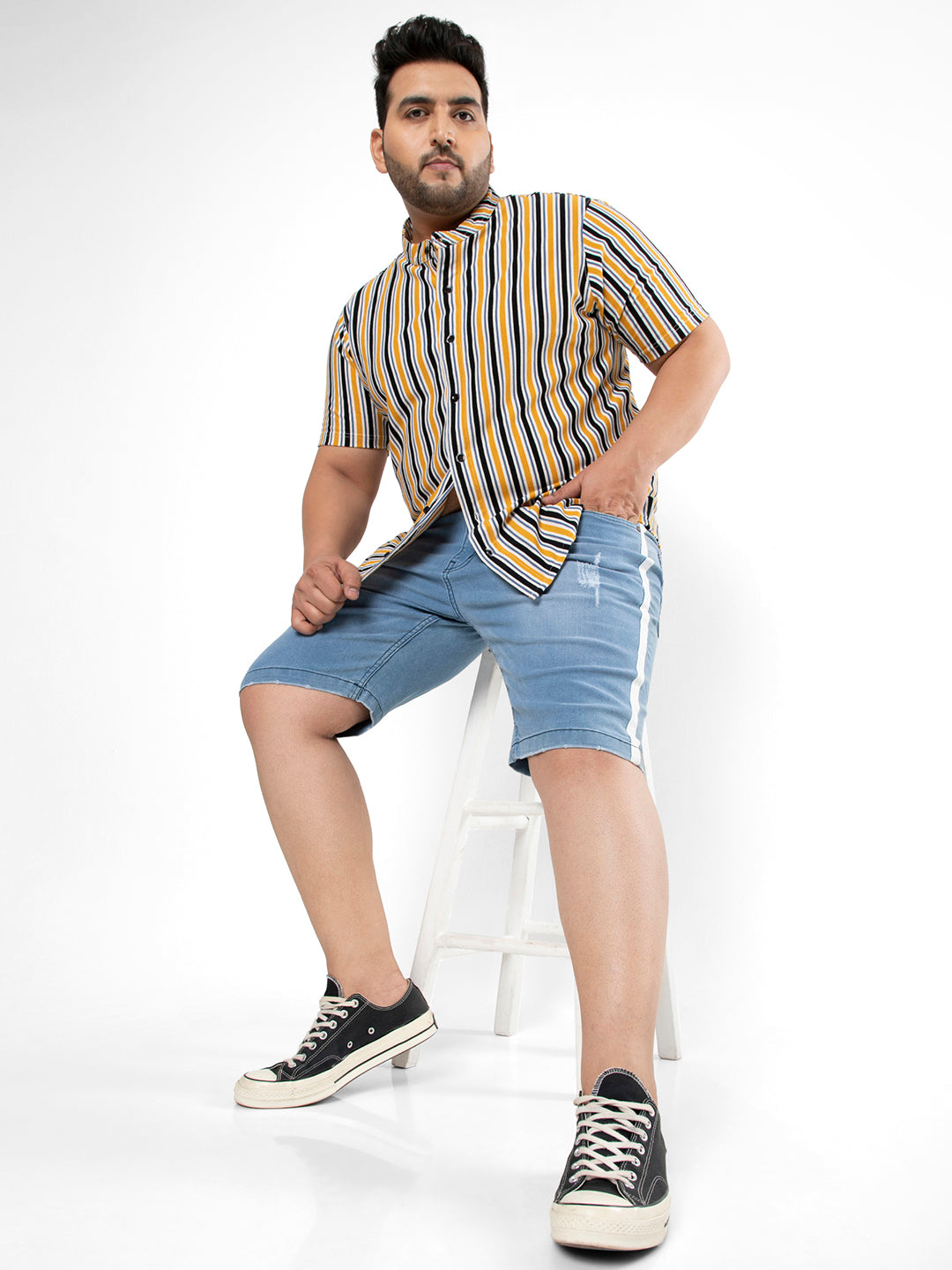 Solid & Side Striped Denim Short