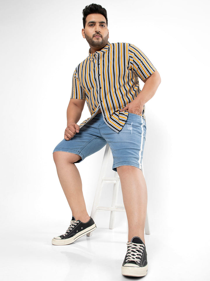 Solid & Side Striped Denim Short