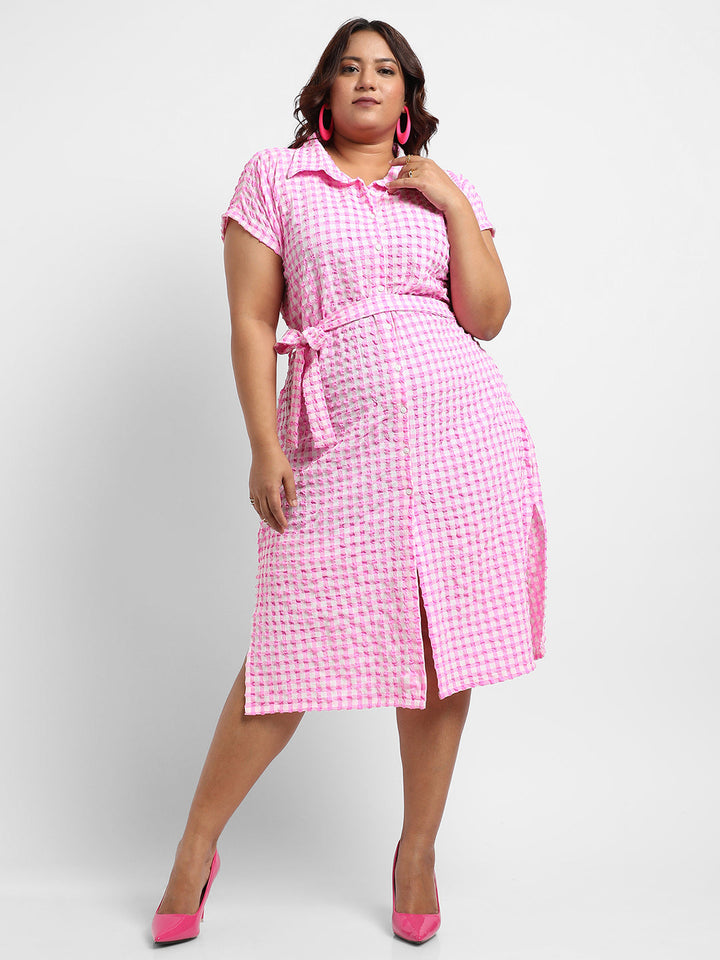 Pink Button-Front Gingham Dress