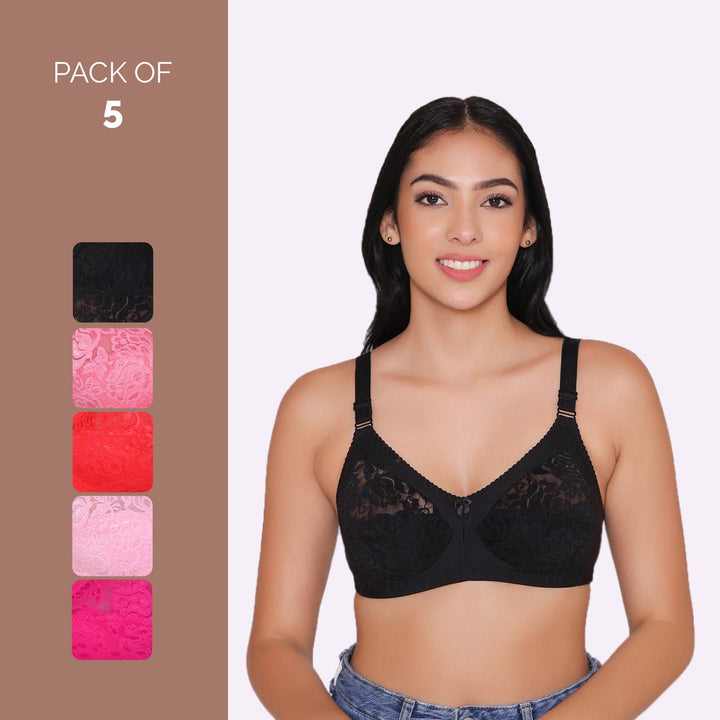 Women's Non Padded Full Coverage Net Bra (Pack of 5)-Thea