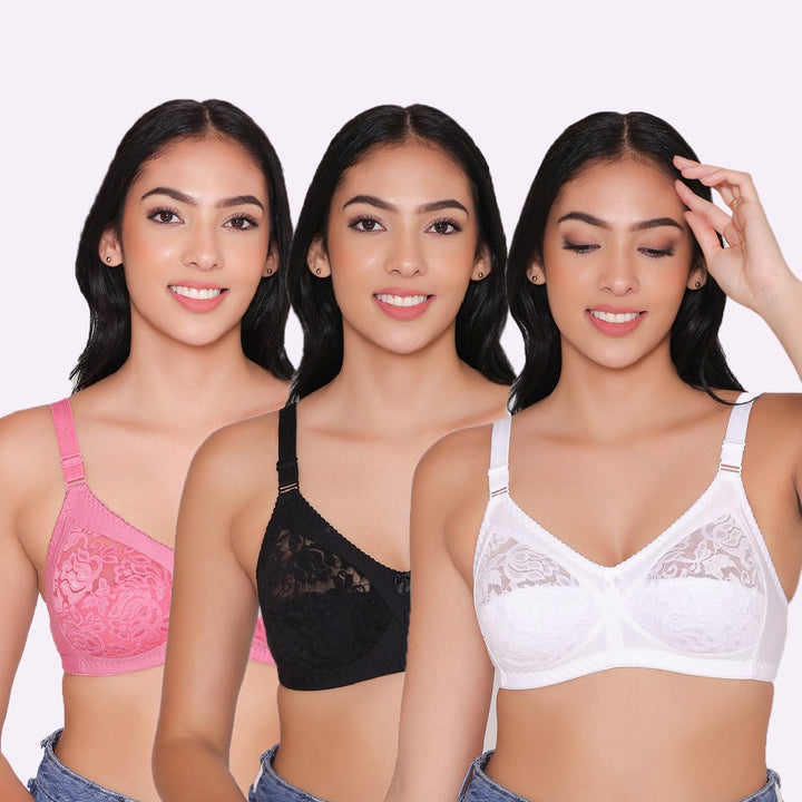 Women's Non Padded Full Coverage Net Bra (Pack of 3)-Thea