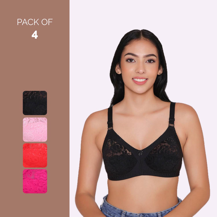 Women's Non Padded Full Coverage Net Bra (Pack of 4)-Thea