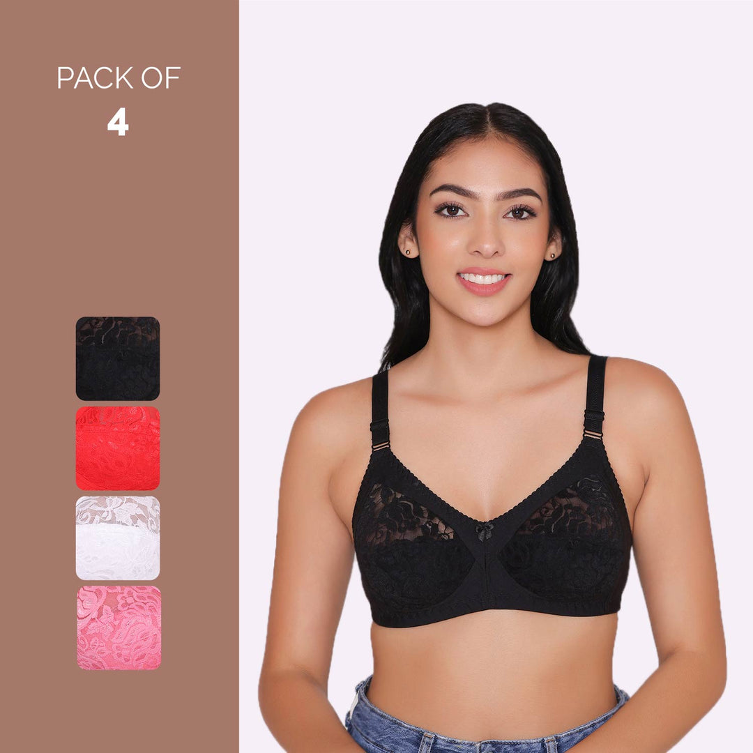 Women's Non Padded Full Coverage Net Bra (Pack of 4)-Thea