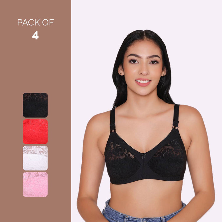 Women's Non Padded Full Coverage Net Bra (Pack of 4)-Thea
