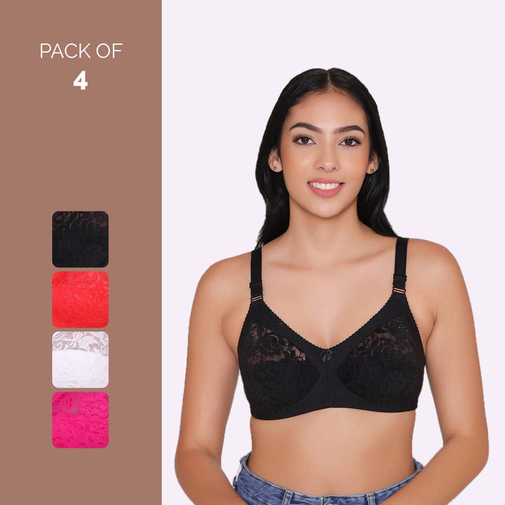 Women's Non Padded Full Coverage Net Bra (Pack of 4)-Thea