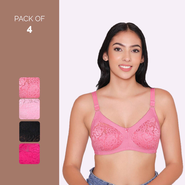 Women's Non Padded Full Coverage Net Bra (Pack of 4)-Thea