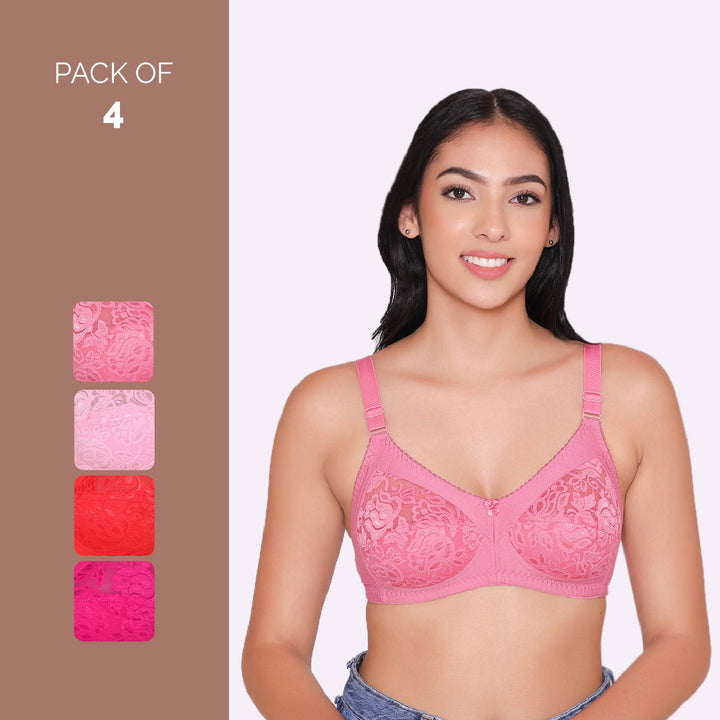 Women's Non Padded Full Coverage Net Bra (Pack of 4)-Thea