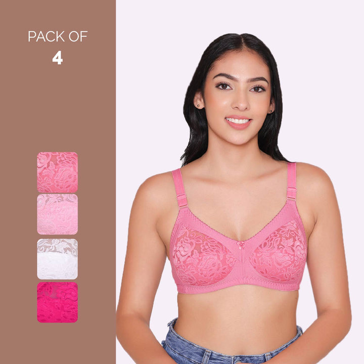 Women's Non Padded Full Coverage Net Bra (Pack of 4)-Thea